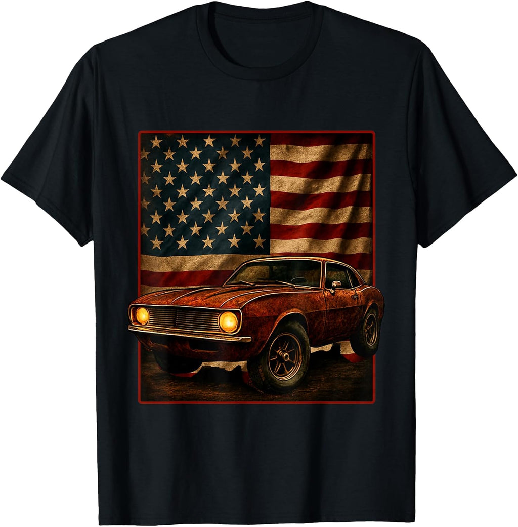 Vintage Muscle Car USA Flag Patriotism Retro Tee