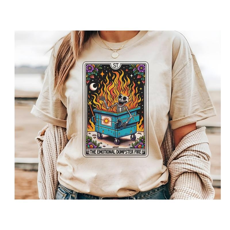 #808 - Emotional Dumpster Fire Skeleton Tarot Card Design -   Print Unisex Crew neck Tee T-shirt Hoodie, Sweatshirt