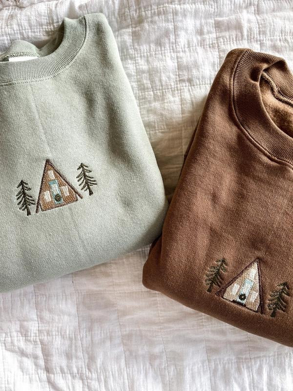 A-Frame Cabin Embroidered Crewneck Sweatshirt T-Shirts, Hoodie | TeeBloomCo.com