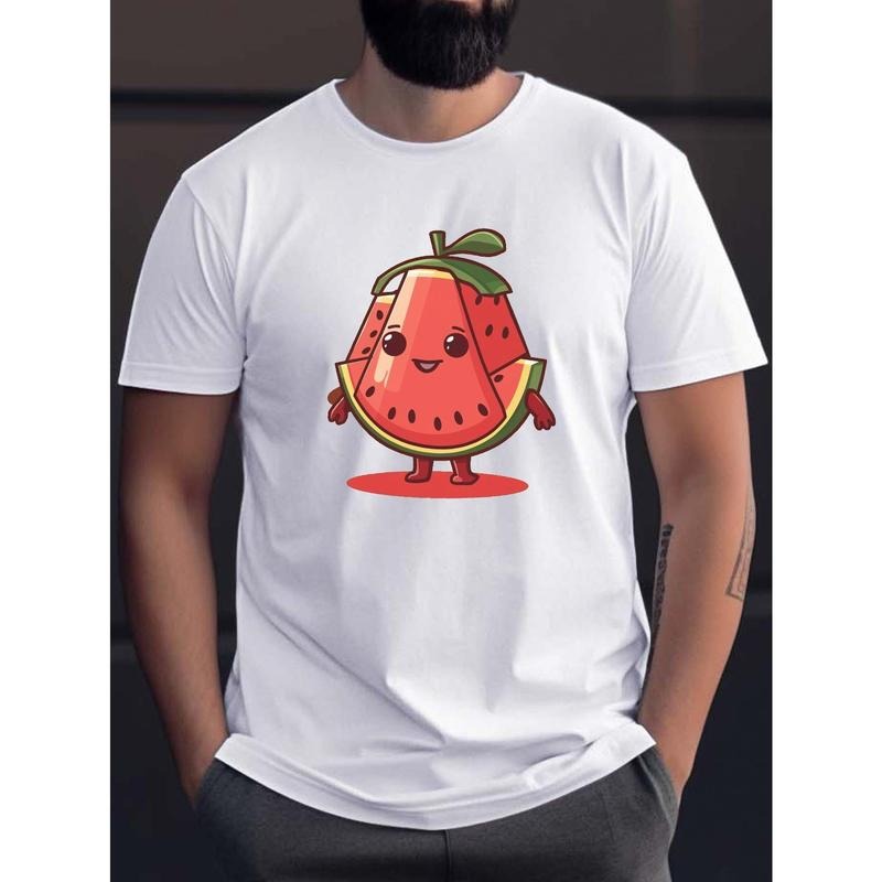 Adorable 2D Watermelon Character Print Tee Shirt, Tees For Men, Casual Short Sleeve T-shirt For Summer made in usa...