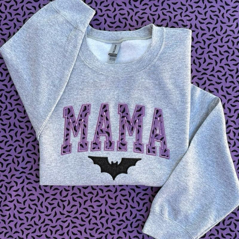 Aesthetic Mama Purple Bat Spooky Season Embroidered Crewneck Sweatshirt T-Shirts, Hoodie | TeeBloomCo.com