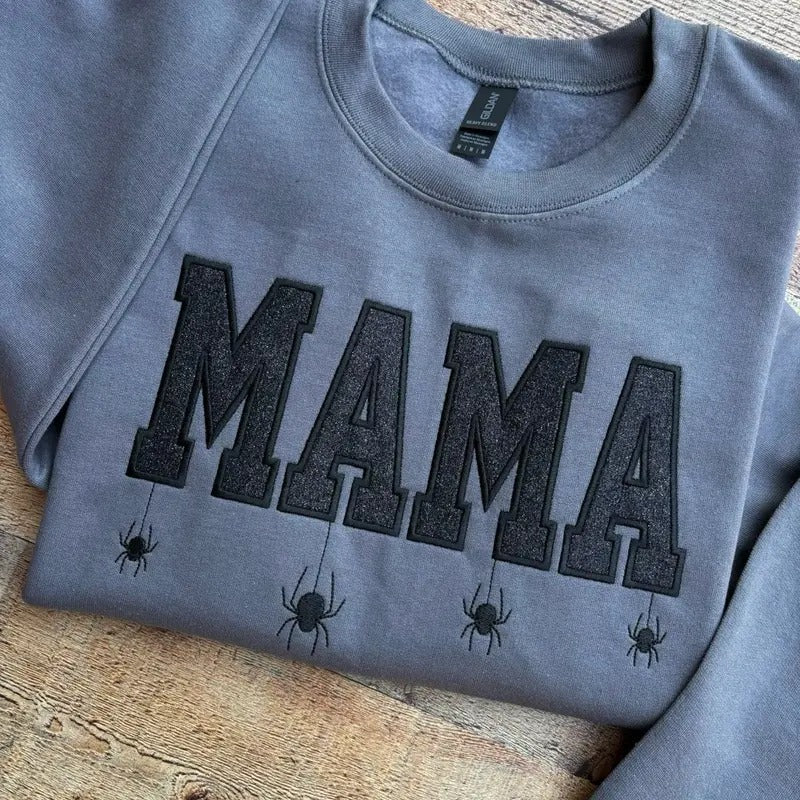 Aesthetic Mama Spider Spooky Season Embroidered Crewneck Sweatshirt T-Shirts, Hoodie | TeeBloomCo.com