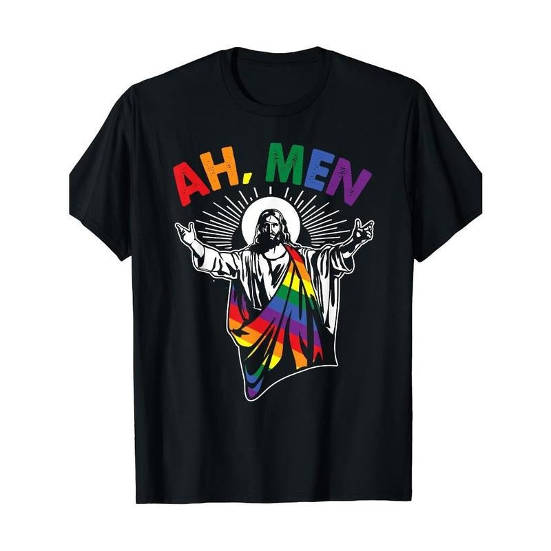 Ah Men Fun LGBT Gay Pride Jesus Rainbow Flag Christian Men's T-shirt Made in USA Hoodie, Sweatshirt | TeeBloomCo.com