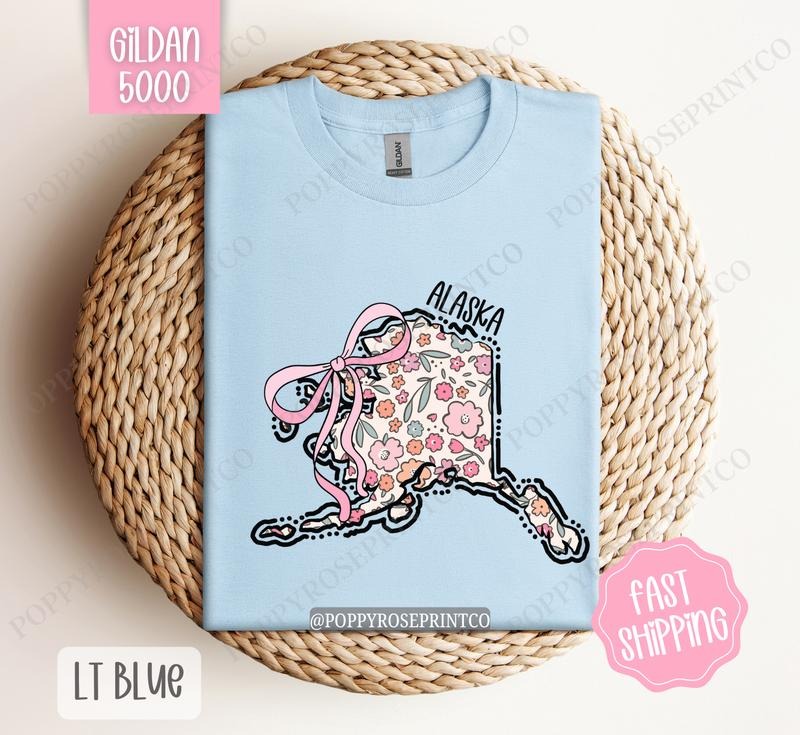 Alaska Gildan T-shirt, Cute Alaska State Shirt, Alaska Floral Bow Tee Hoodie, Sweatshirt | TeeBloomCo.com