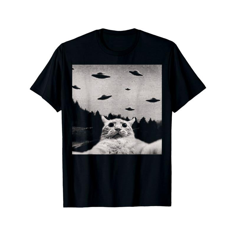 Alien Cat UFO T-Shirt Round Neck Halloween Tee for Men made in usa Hoodie, Sweatshirt | TeeBloomCo.com