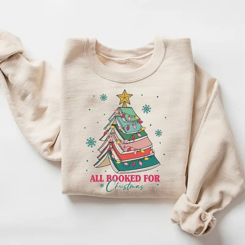 All Booked For Christmas Sweatshirt, Book Chrsitmas Shirt, Christmas Book Tree Sweater, Christmas Gift for Book Lover,...