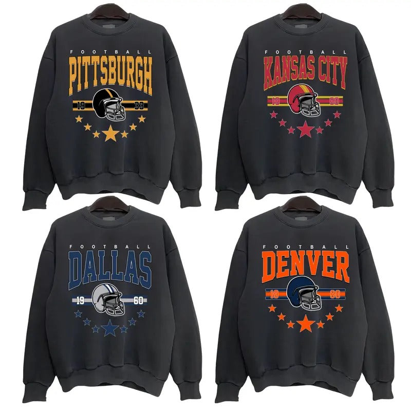 All Team Crewneck Sweatshirt, Sweatshirt Vintage Classic Football, Vintage Black Color Sport Football Sweatshirt, Gift...