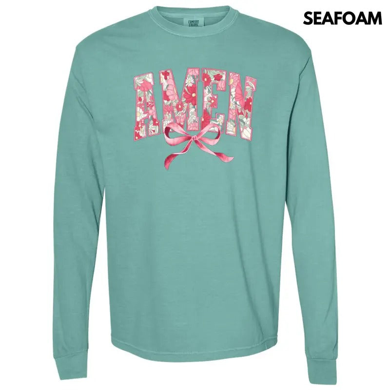 Amen Floral Coquette Long Sleeve Comfort Colors T-Shirt Hoodie, Sweatshirt | TeeBloomCo.com