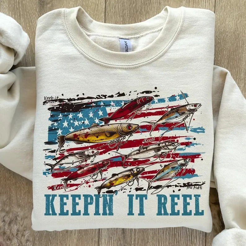 America Fish Flag Keepin' it Reel Unisex Hoodie, Retro Hooker America 4th Of July Shirt, Fourth of July Patriotic Fishing...