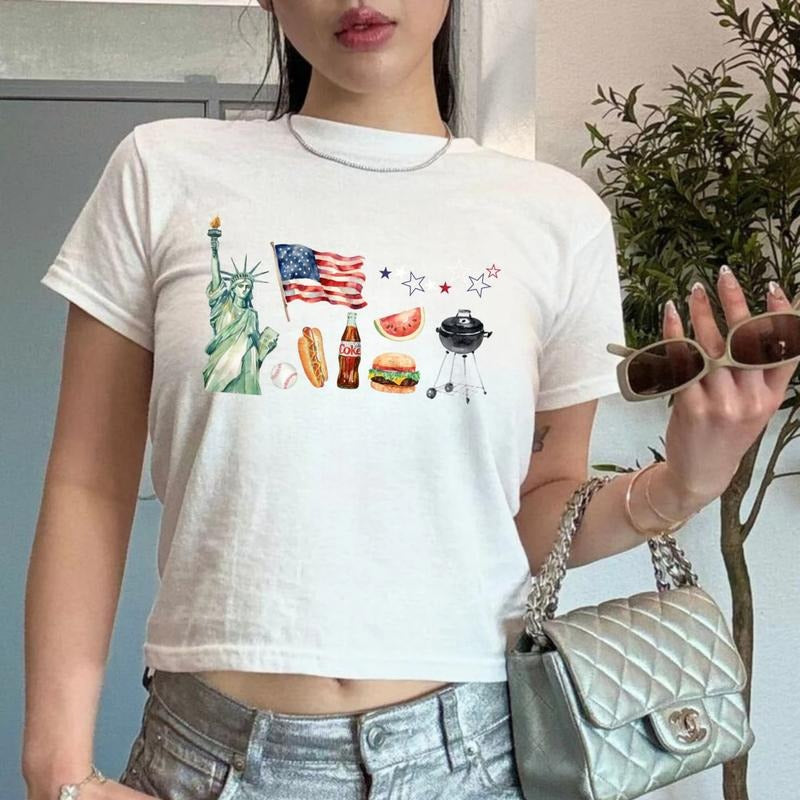 America Icons Baby Tee, Liberty Statue Baby Tee, USA Independence Day T-Shirt, Hotdog 4th Of July Baby Tee, Fourth Of...