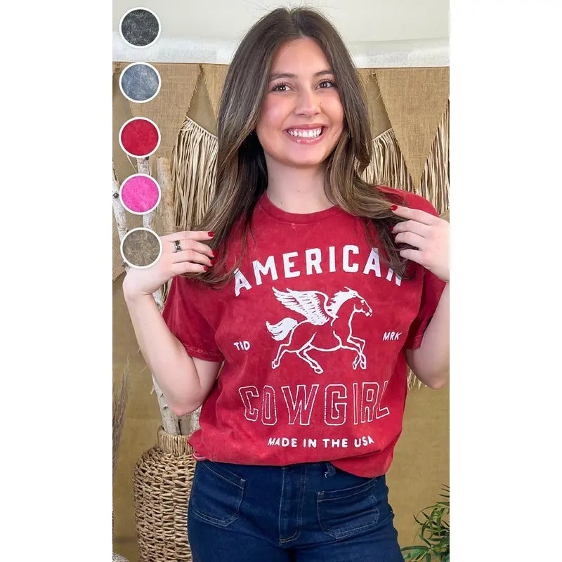 American Cowgirl Mineral Washed Graphic T-Shirt Hoodie, Sweatshirt | TeeBloomCo.com