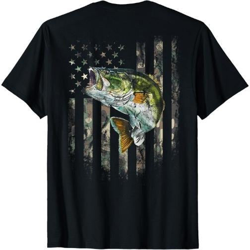 American Flag (Print on the Back) Camo Bass Fish Fishing T-Shirt Made in USA Hoodie, Sweatshirt | TeeBloomCo.com