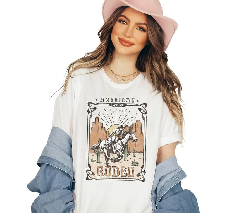 American Rodeo Cowboy T-shirt  Western Cowboy Horse Desert Cactus Retro Women Shirt Hoodie, Sweatshirt | TeeBloomCo.com