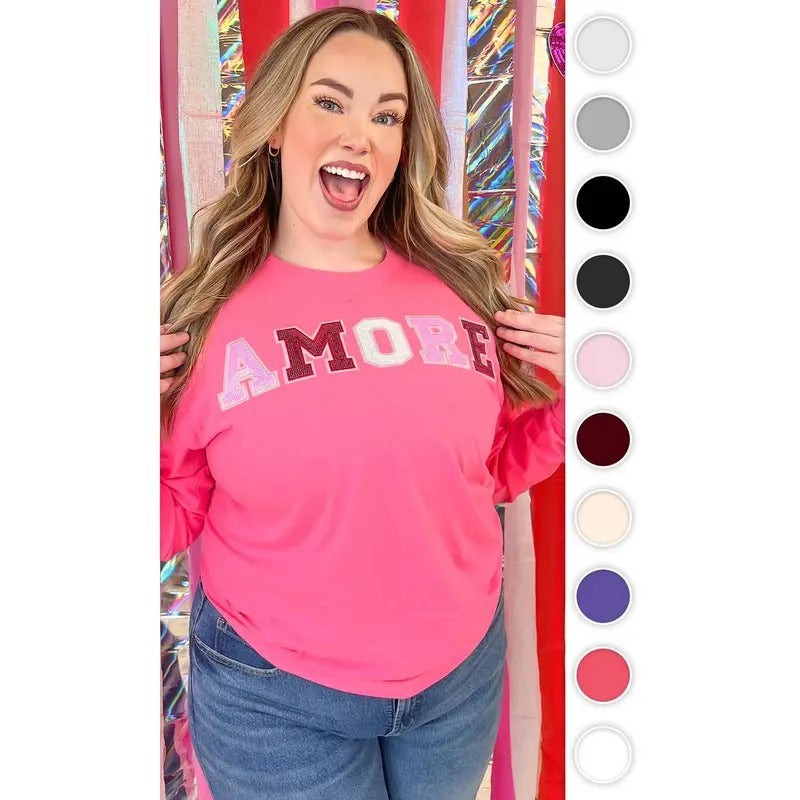 Amore Sequin Valentine Graphic Long Sleeve T-Shirt Hoodie, Sweatshirt | TeeBloomCo.com