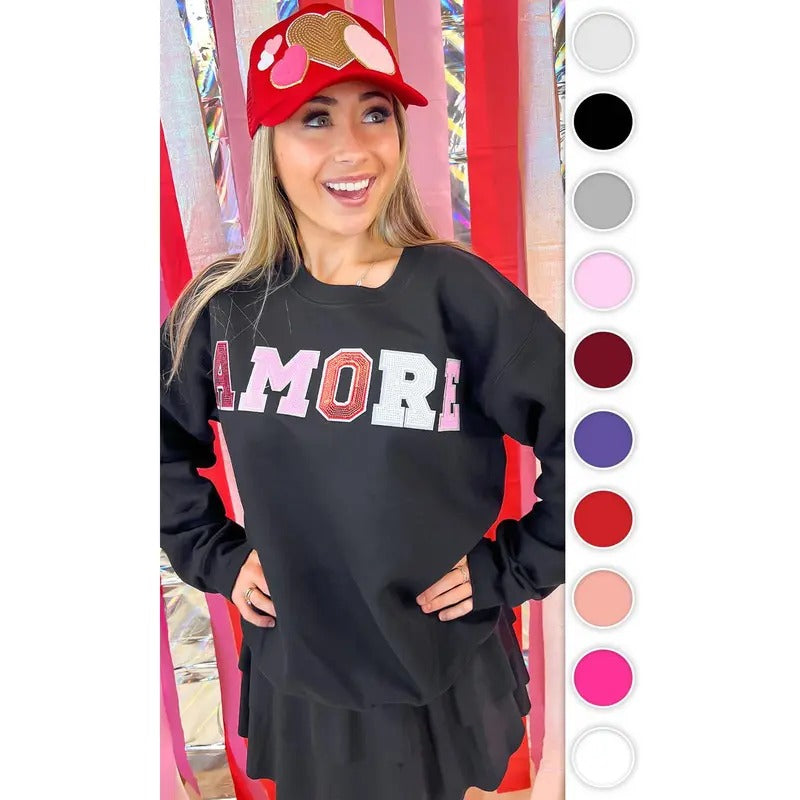 Amore Sequin Valentine Graphic Sweatshirt T-Shirts, Hoodie | TeeBloomCo.com