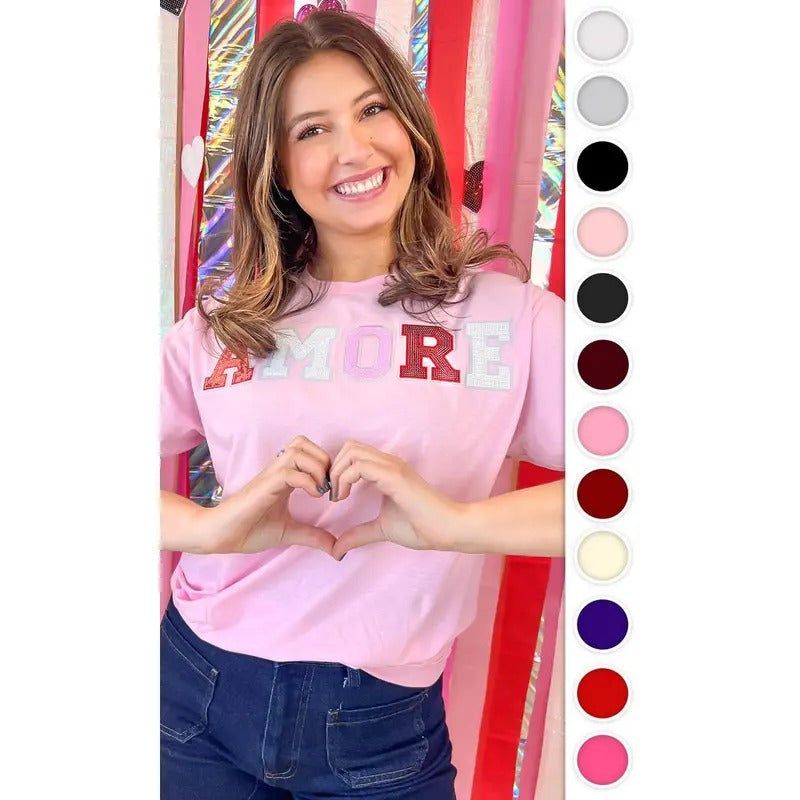 Amore Sequin Valentine Graphic T-Shirt Hoodie, Sweatshirt | TeeBloomCo.com
