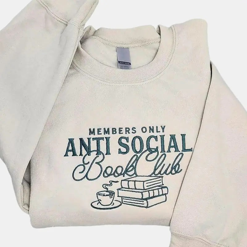 Anti Social Book Club Embroidered Crewneck, Book Club Shirt, Book Lover Crewneck, Bookish Crewneck, Book Club T-Shirt,...