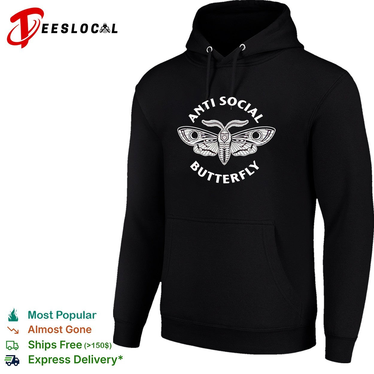 Anti social butterfly moth illustration badge shirt