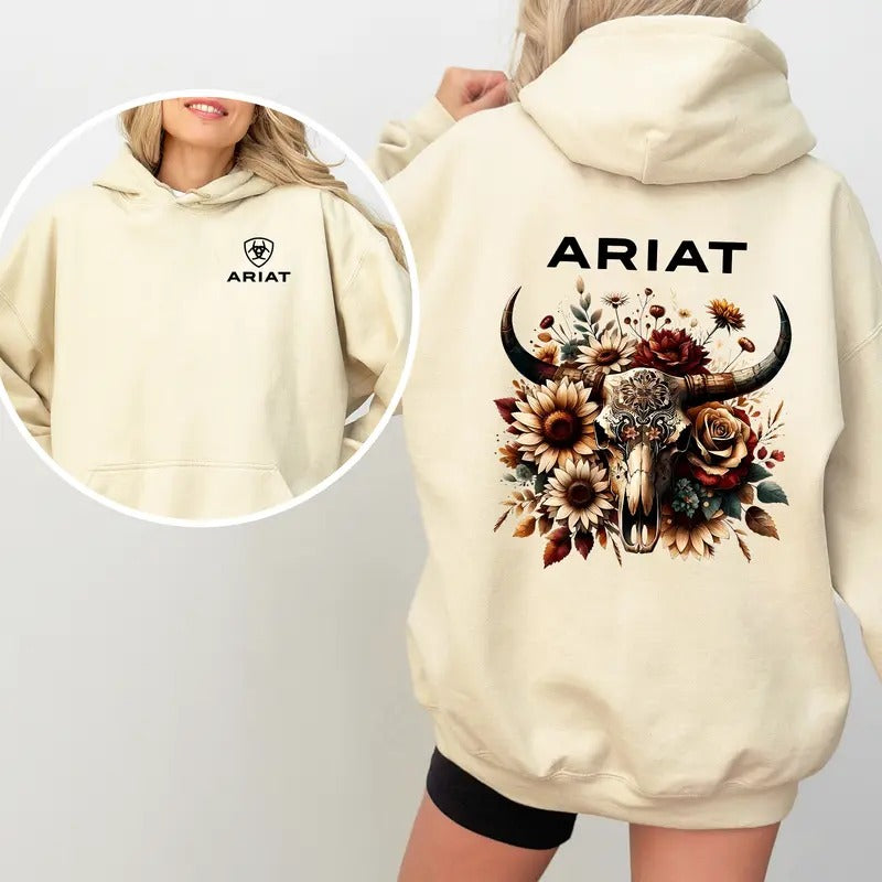 Ariat Floral Bull Skull Hoodie, Iconic Ariat Logo Shirt, Stylish Western-Inspired Graphic Tee Sweatshirt | TeeBloomCo.com