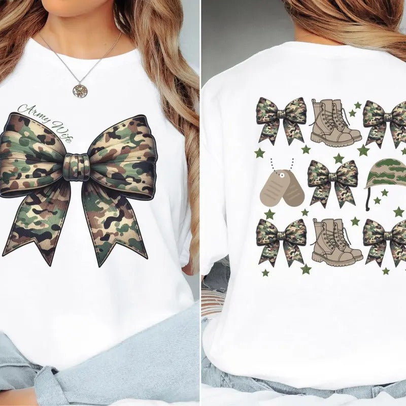 Army Wife Camo Coquette Bow 2 Sided Shirt, Army Spouse, Millitary Wife Shirt, Army Wife Bow Shirt Hoodie, Sweatshirt