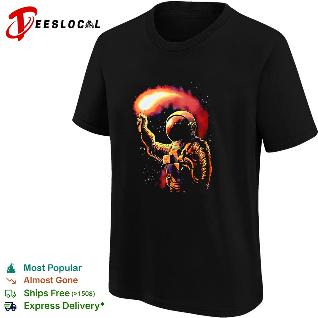 Astronaut reaching for fiery comet space shirt