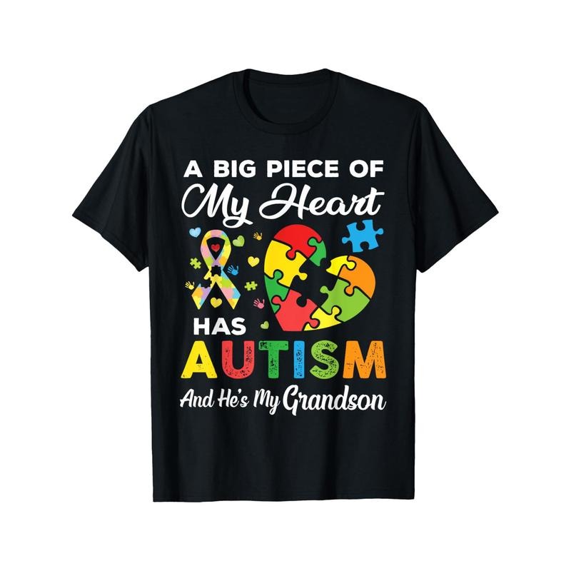 Autism Awareness Grandparent T-Shirt, Cotton Blend Crew Neck Tee, Casual Style, Slight Stretch, with Puzzle& Ribbon...