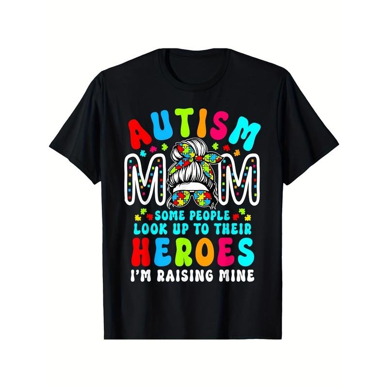 Autism Mom Raising Hero Groovy Messy Bun Autism Awareness T-Shirt Women'S Plus Size T-Shirt Short Sleeve Shirt Crew Neck...