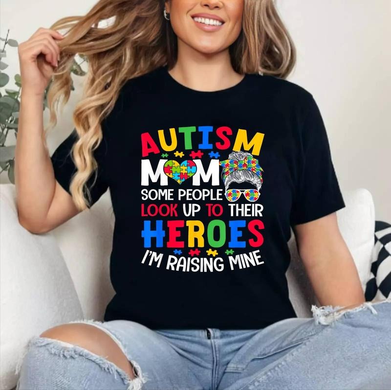 Autism Mom Raising Hero Groovy Messy Bun Autism Awareness T-Shirt ,Unisex Cotton, Top Womenswear Hoodie, Sweatshirt