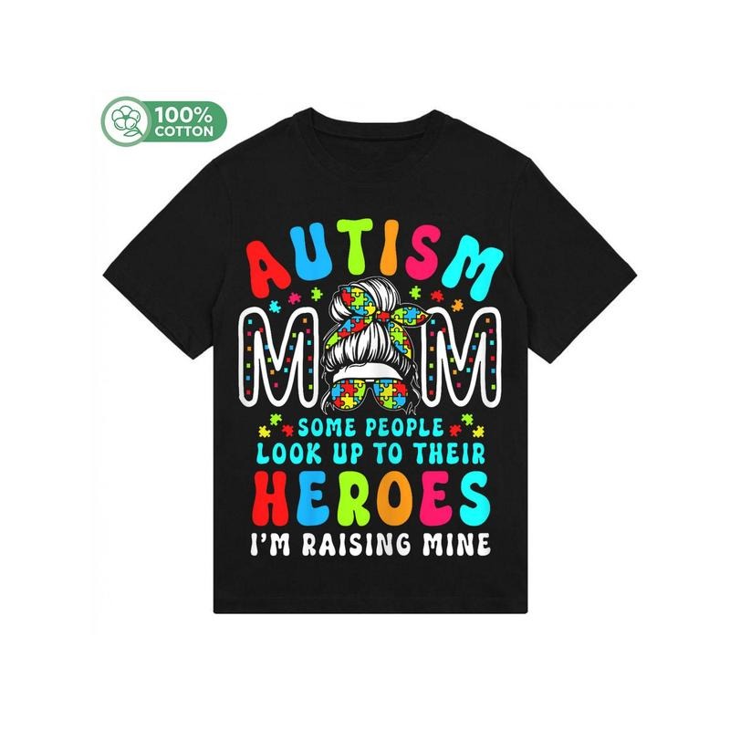 Autism Mom Raising Hero Groovy Messy Bun Autism Awareness T-Shirt, 180g Hoodie, Sweatshirt | TeeBloomCo.com