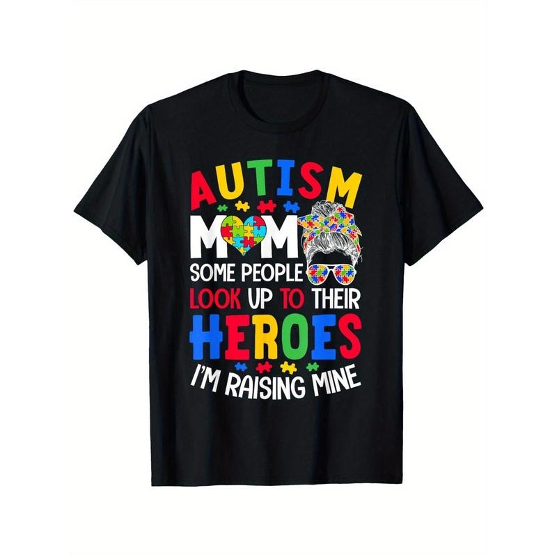 Autism Mom Raising Hero Groovy Messy Bun Autism Awareness T-Shirt, Casual Short Sleeve Crew Neck Tee, 100% Cotton, Super...