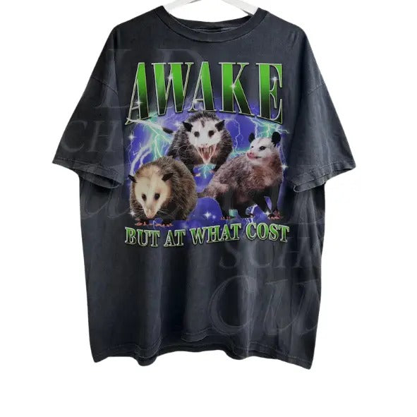 Awake But At What Cost Vintage Graphic T-Shirt, Retro Funny Possum Bootleg T Shirt, Vintage Opossum T Shirt, Funny Gag...