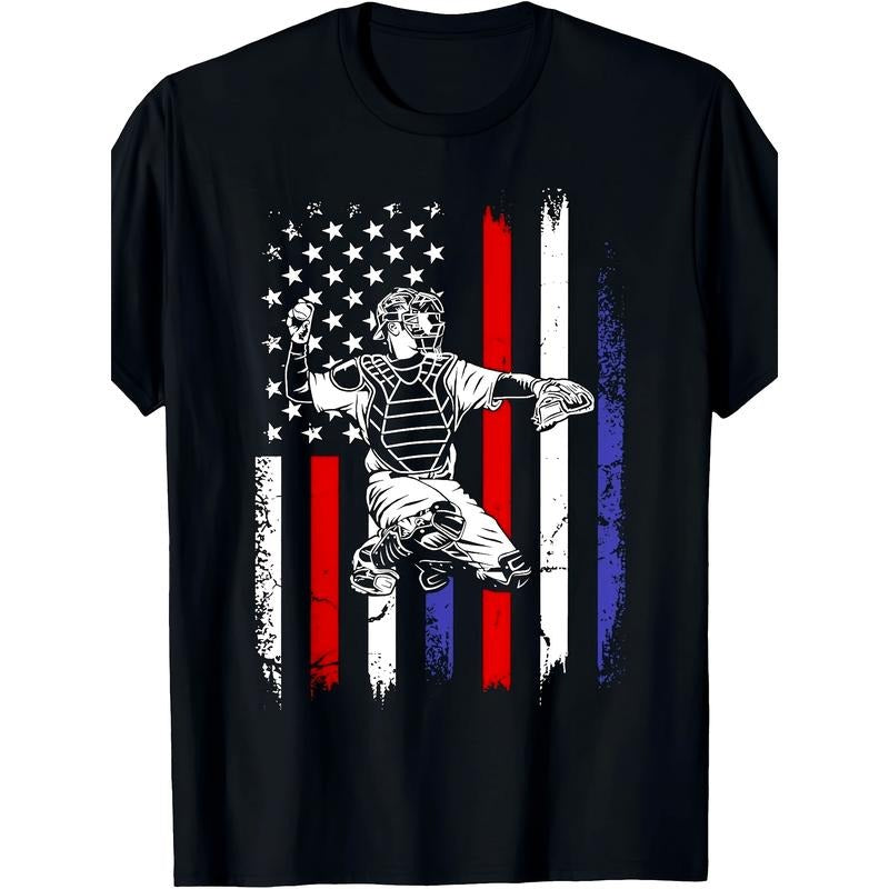 Baseball American Flag Patriotic Catcher 4th Of July T-Shirt - 220g made in usa Hoodie, Sweatshirt | TeeBloomCo.com