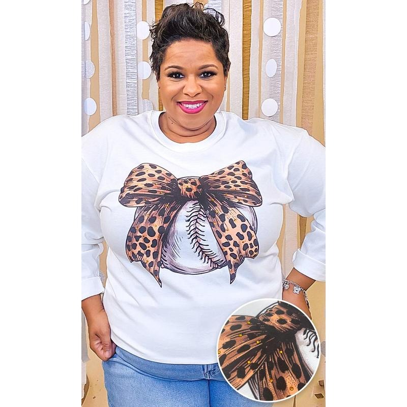 Baseball Cheetah Bow Rhinestone Graphic Long Sleeve Shirt Hoodie, Sweatshirt | TeeBloomCo.com