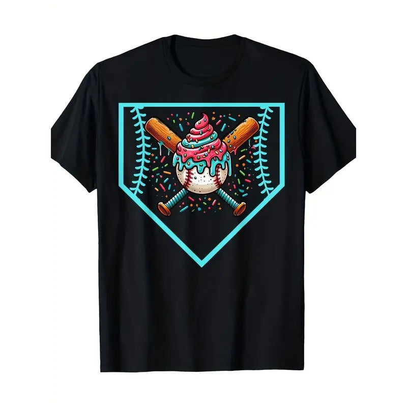 Baseball Home Plate Drip Ice Cream Softball & Baseball T-Shirt Crew Neck, Casual, Print, Fashion-100% Cotton-220g made in...