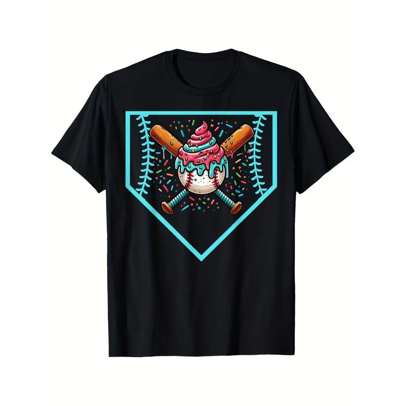 Baseball Home Plate Drip Ice Cream Softball & Baseball T-Shirt Crew Neck, Casual, Print, Fashion, 220g made in usa...