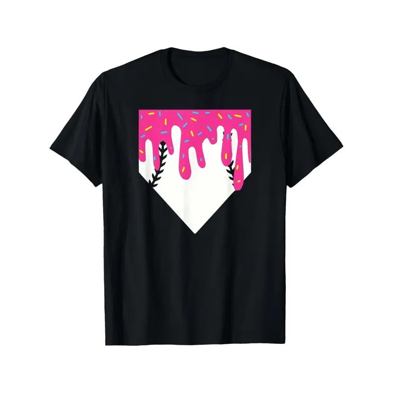 Baseball Home Plate with Ice Cream Drip Graphic T-Shirt, 100% Cotton, Casual Crew Neck, Slight Stretch, All-Season Knit...