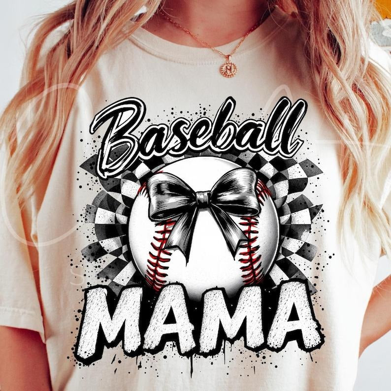 Baseball Mama Tshirt, Baseball Mom Checkered Tee, Retro Baseball with Coquette Bow T-Shirt Hoodie, Sweatshirt