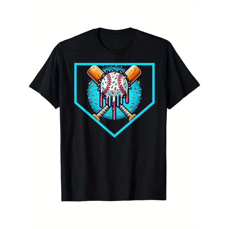 Baseball cross Home Plate Drip Ice Cream Softball& Baseball Men's T-shirt personality print pattern, casual round neck...