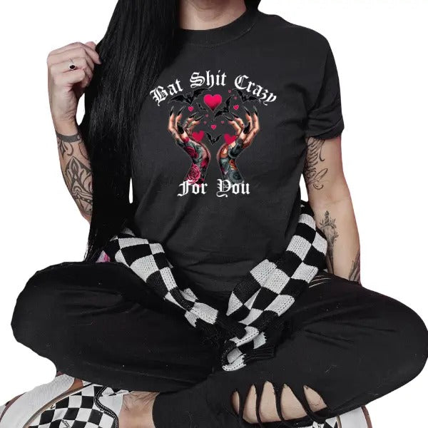 'Bat Sh*t Crazy For You' Crewneck Sweatshirt, T Shirt, or Hoodie Pullover | Punk, Alt, Grunge, Goth, Skeleton Style,...