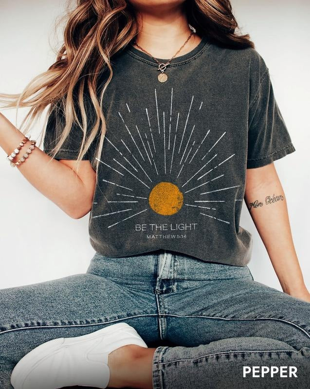 Be The Light Mathew 5 14 Sunburst Vintage Bible Verse Christian Celestial Tshirt, Boho Shirt, Sun Shirt, Inspirational...