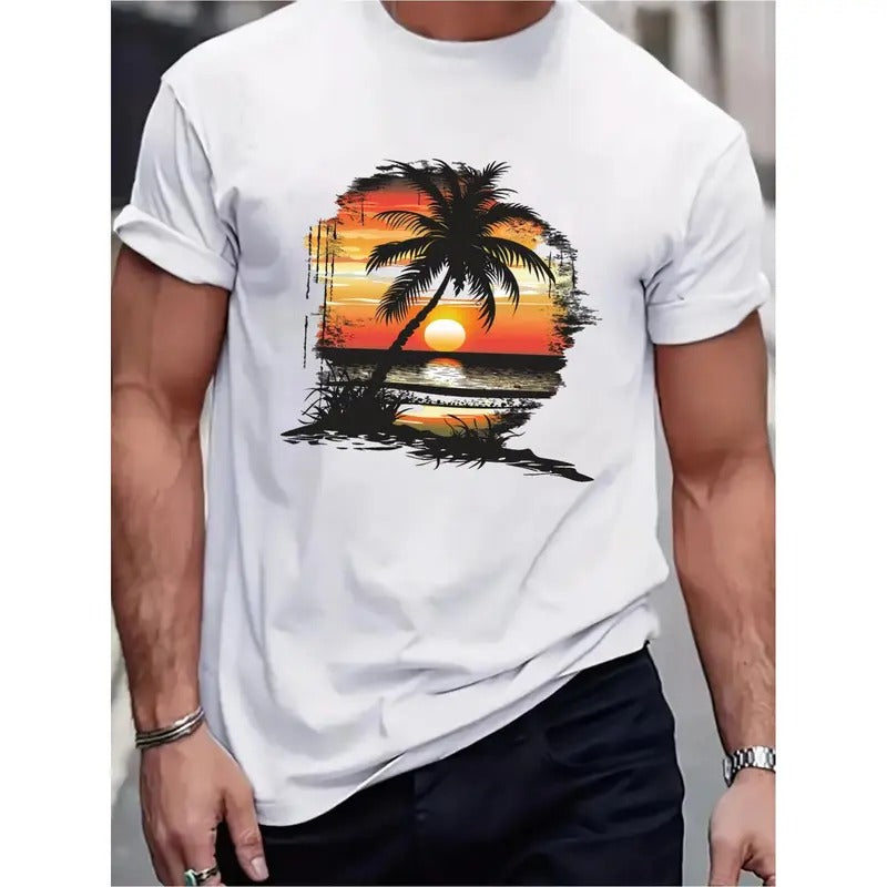 Beach Sunset palm print crew neck MEN'S T-shirt, casual short-sleeved top, summer daily wear MEN'S clothing Made in USA...