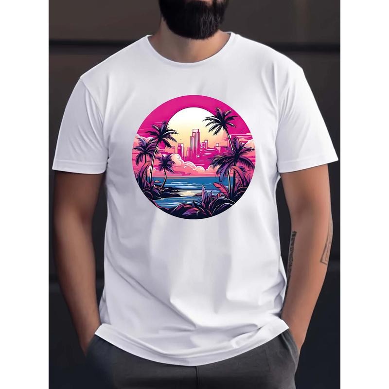 Beautiful Sunset With Building Silhouette Pattern Print Men's Casual Short Sleeve Round Neck T-Shirt, Breathable Trend...