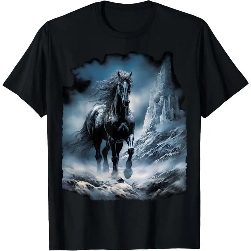 Beautiful black Horse running through the snow T-Shirt Made in USA Hoodie, Sweatshirt | TeeBloomCo.com