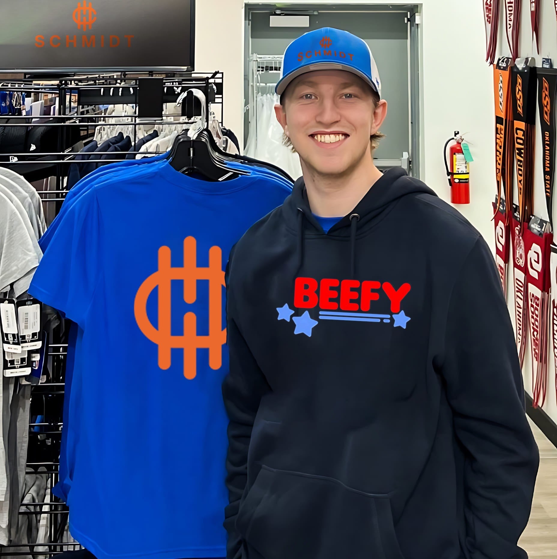 Beefy Red Text with Blue Stars Typography shirt
