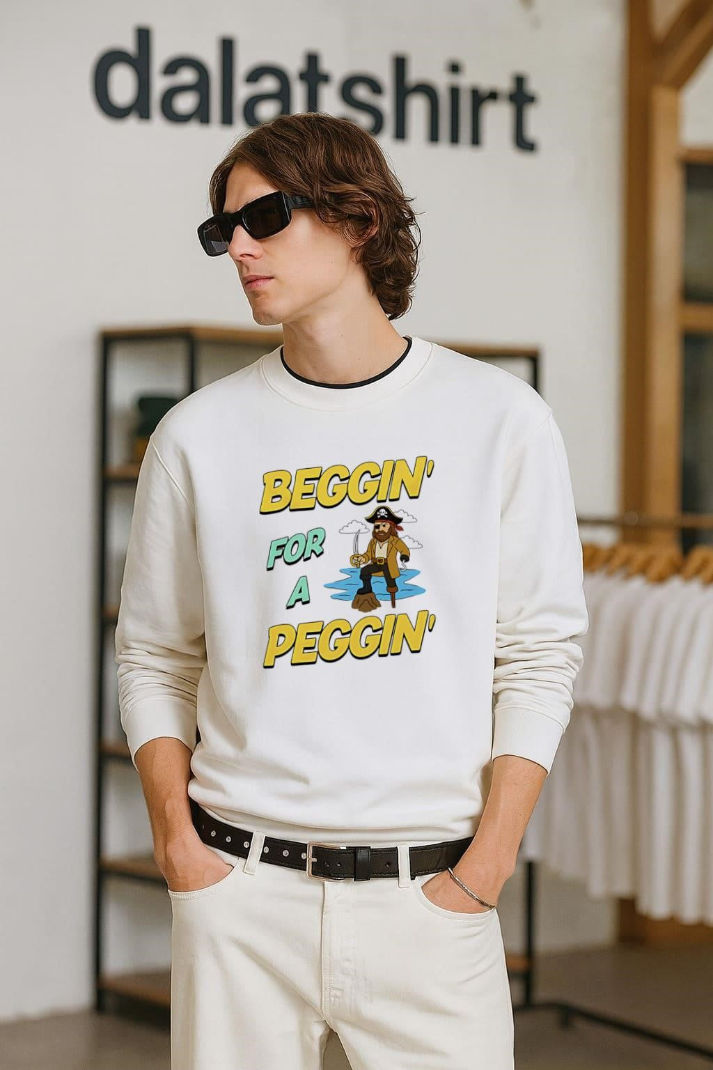 Beggin’ For A Peggin’ Cartoon Pirate With Hook And Peg Leg Illustration shirt