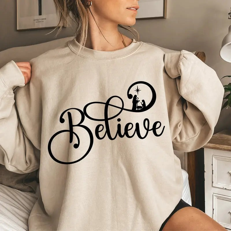 Believe Christmas Shirt, Christian Christmas Sweatshirt, Religious Xmas Gift Cotton Crewneck Hoodie | TeeBloomCo.com