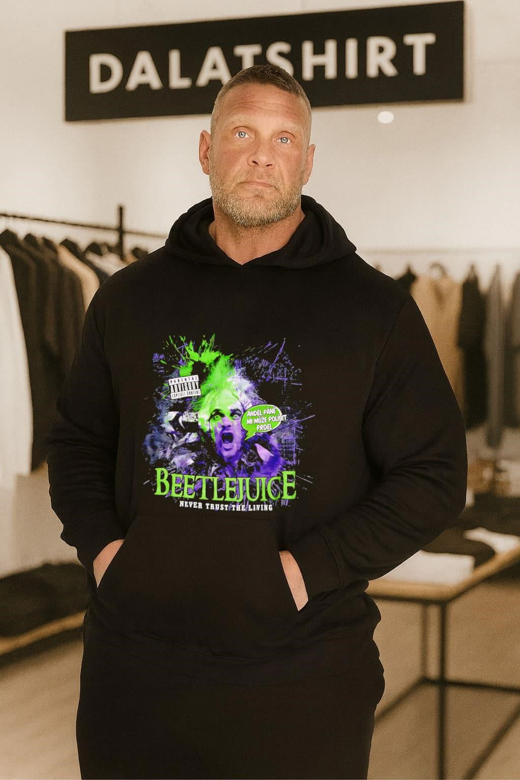 Beetlejuice Never Trust the Living purple green horror shirt