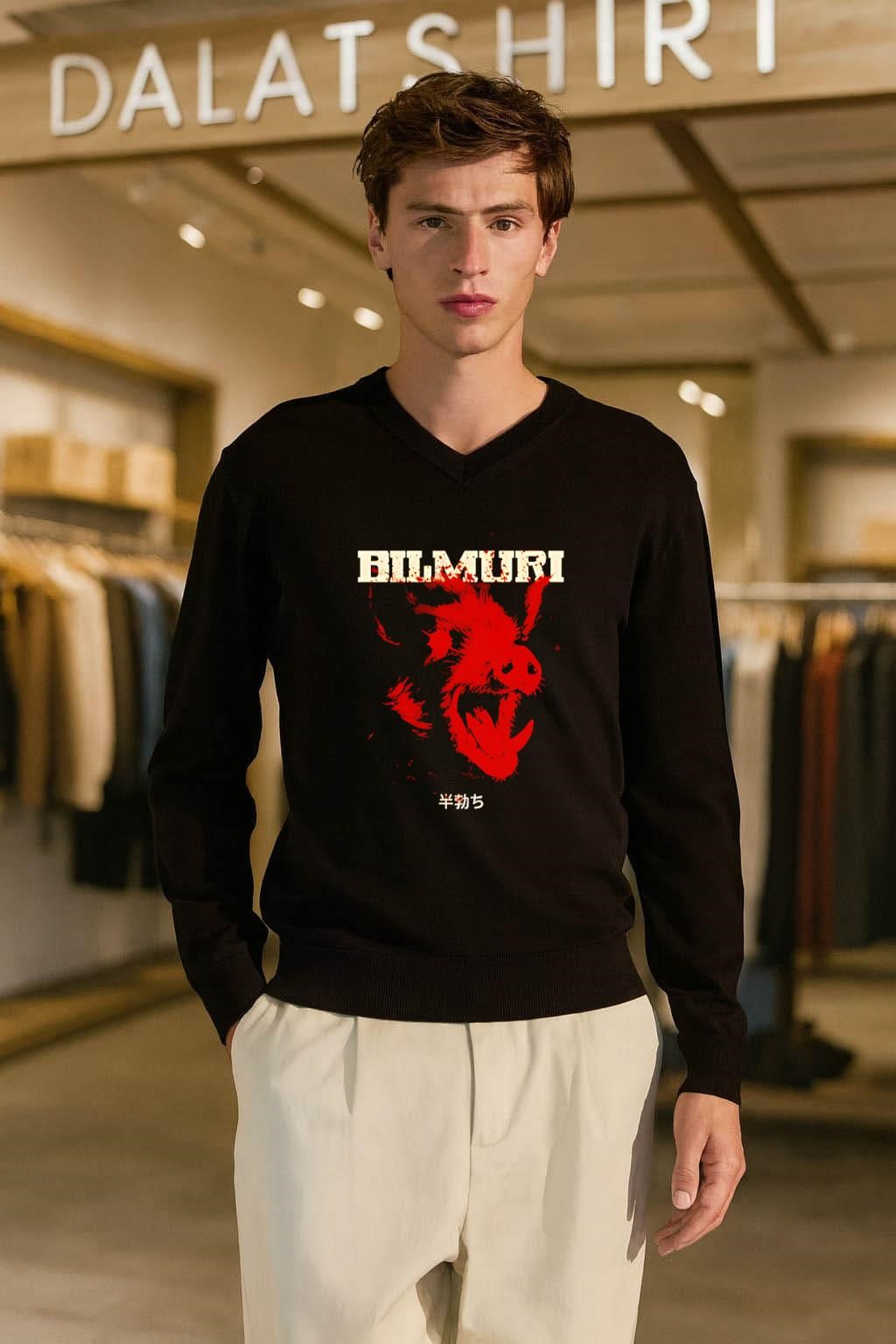 Bilmuri Japanese Character Screaming Wild Boar Red Ink Style shirt