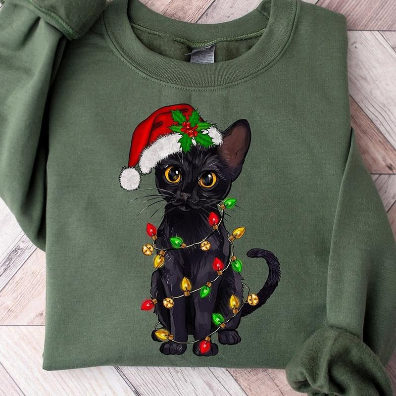 Black Cat Christmas Crewneck Sweatshirt, Hoodie, T-shirt, Cute Christmas Gifts | TeeBloomCo.com