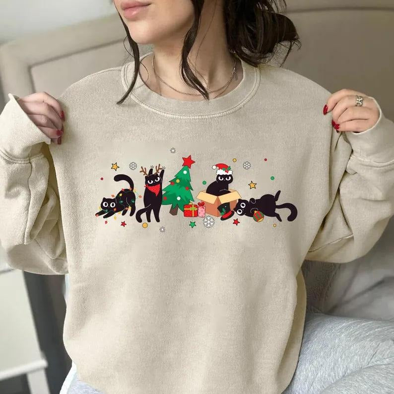 Black Cat Christmas Sweatshirt, Black Cat Xmas Shirt, Cat Christmas Sweater, Funny Cat Shirt Gift For Cat Lover Hoodie